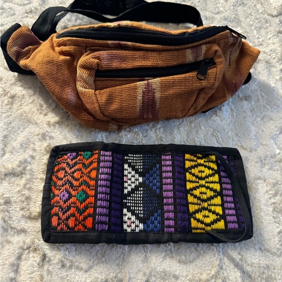unbranded Handbags - Vintage Colorful Patterned Wallet and Brown Waist Bag ( Fanny pack)